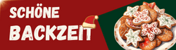 KI generiert: Das Bild zeigt einen festlichen Schriftzug "SCHÖNE BACKZEIT" neben einem Teller voller weihnachtlich dekorierter Plätzchen. Es vermittelt eine gemütliche, weihnachtliche Stimmung.