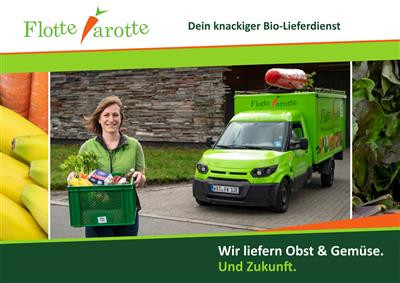 KI generiert: Das Bild zeigt eine Frau, die frisches Obst und Gemüse in einer Kiste trägt, sowie ein grünes Lieferfahrzeug von "Flotte Karotte" im Hintergrund. Der Hauptinhalt ist der Bio-Lieferservice, der Frische und Qualität betont.