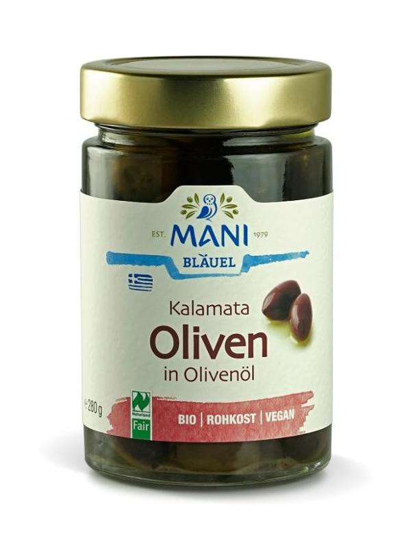 Produktfoto zu Kalamata Oliven mit Stein in Olivenöl von Mani Bläuel